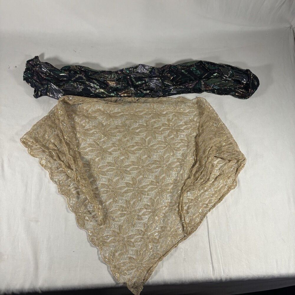 Gold Lace Triangle Shawl and Metallic Print Scarf Lot of 2